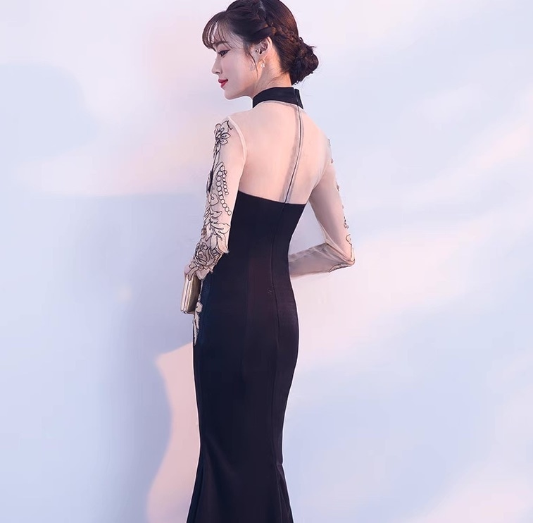 ドレス パーティー 長袖 スタンドカラー マーメイド スレンダー タイト スリム フレア カクテル 刺繍 切り替えデザイン ドッキング バックシャン バックコンシャス ハイウエスト 透け感