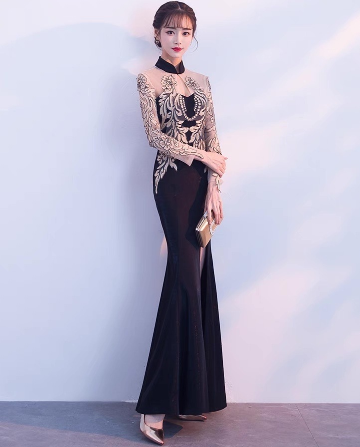 ドレス パーティー 長袖 スタンドカラー マーメイド スレンダー タイト スリム フレア カクテル 刺繍 切り替えデザイン ドッキング バックシャン バックコンシャス ハイウエスト 透け感