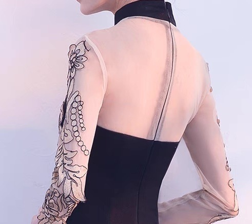 ドレス パーティー 長袖 スタンドカラー マーメイド スレンダー タイト スリム フレア カクテル 刺繍 切り替えデザイン ドッキング バックシャン バックコンシャス ハイウエスト 透け感