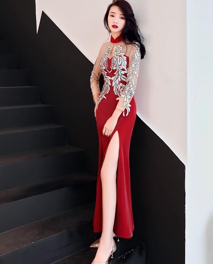 ドレス パーティー 長袖 スタンドカラー マーメイド スレンダー タイト スリム フレア カクテル 刺繍 切り替えデザイン ドッキング バックシャン バックコンシャス ハイウエスト 透け感