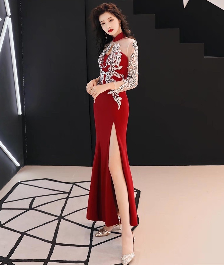 ドレス パーティー 長袖 スタンドカラー マーメイド スレンダー タイト スリム フレア カクテル 刺繍 切り替えデザイン ドッキング バックシャン バックコンシャス ハイウエスト 透け感