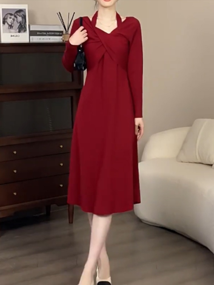 ネックドレス子供シーズンフレンチロングワンピース初秋2023新作ニットインナーボトムスをぶら下げホワイト ネックドレス子供シーズンフレンチロングワンピース初秋2023新作ニットインナーボトムスをぶら下げホワイト