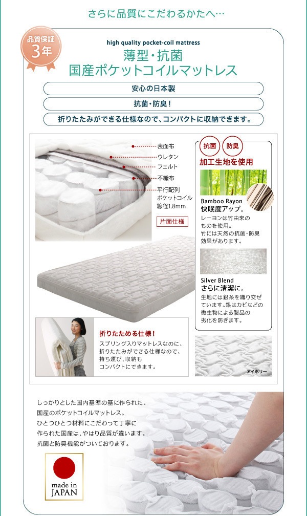 [組立設置付]省スペース スライド収納親子ベッド [ベーネ＆チック] 親ベッド単品 子ベッドなし 薄型/抗菌国産ポケットコイルマットレス付 シングル