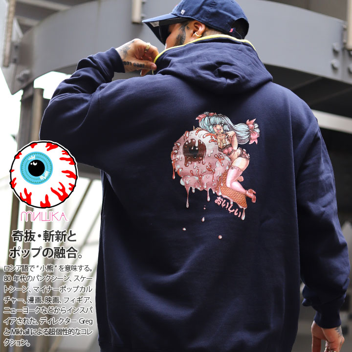 MISHKA パーカー ブランド スケボー フーディ 長袖 スウェット メンズ 春秋冬用 紺 大きいサイズ トップス 袖ロゴ KEEPWATCH キープウォッチ