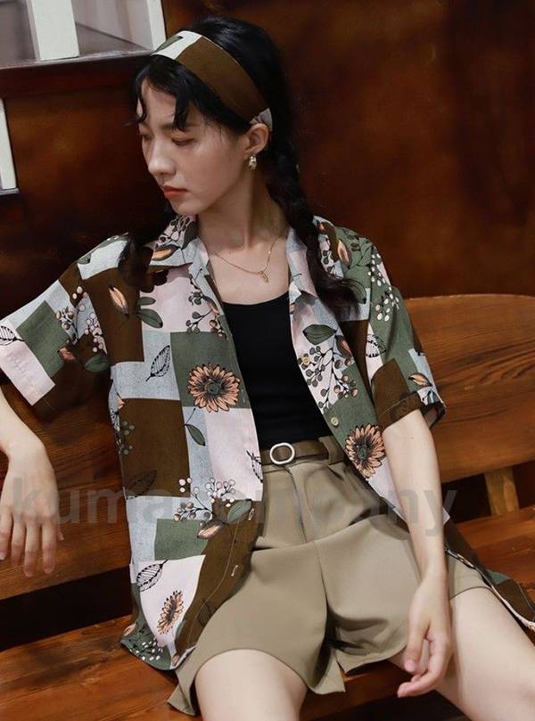 柄シャツ レディース トップス 春夏 アロハシャツ 花柄 襟付き シャツ ブラウス 半袖 総柄 羽織り 春 夏 個性的 カジュアル おしゃれ 大人可愛い レトロ ゆったり km