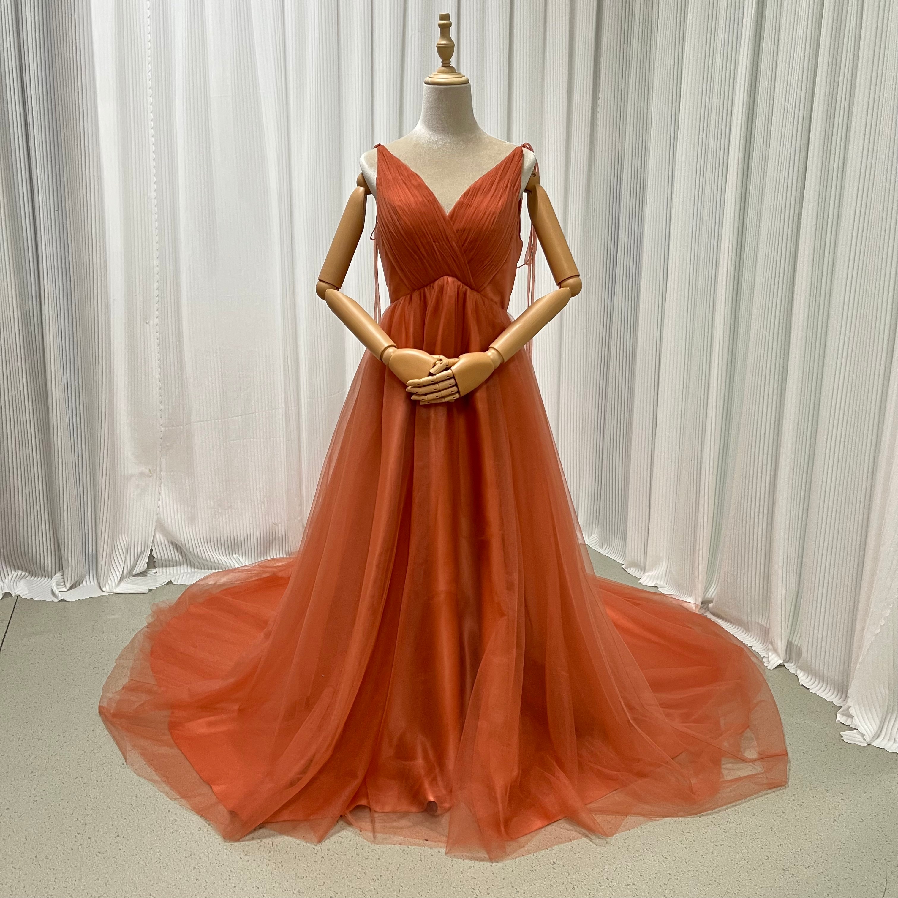カラードレス テラコッタ色 Vネック キャミソール ソフトチュール 編み上げ 披露宴