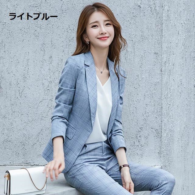 パンツスーツ レディース グレー チェック柄 新作 スーツ 通勤 オフィス ビジネス リクルートスー