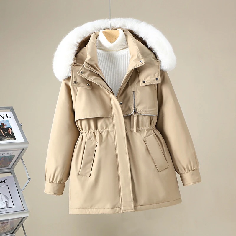 25発売 軽量 暖かい 厚手 ファーカラー フード付き 中綿コート ウエストAWアウター レディース AWアウター 大きいサイズ 裏起毛パンツジャケット ダウン混綿ジャケット 福さ