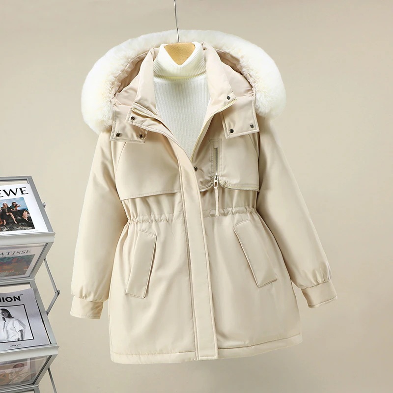 25発売 軽量 暖かい 厚手 ファーカラー フード付き 中綿コート ウエストAWアウター レディース AWアウター 大きいサイズ 裏起毛パンツジャケット ダウン混綿ジャケット 福さ