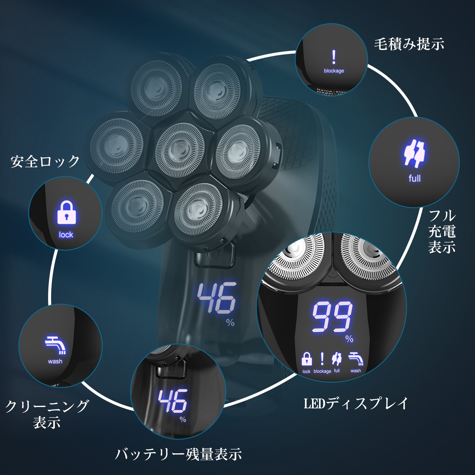 メンズシェーバー ひげそり バリカン 1台5役 7枚刃 回転式 髭剃り IPX6防水 乾湿両用 充電式 LED表示 収納バック付き 男性 メンズシェーバー ひげそり バリカン 1台5役 7枚刃 回転式 髭剃り IPX6防水 乾湿両用 充電式 LED表示 収納バック付き 男性