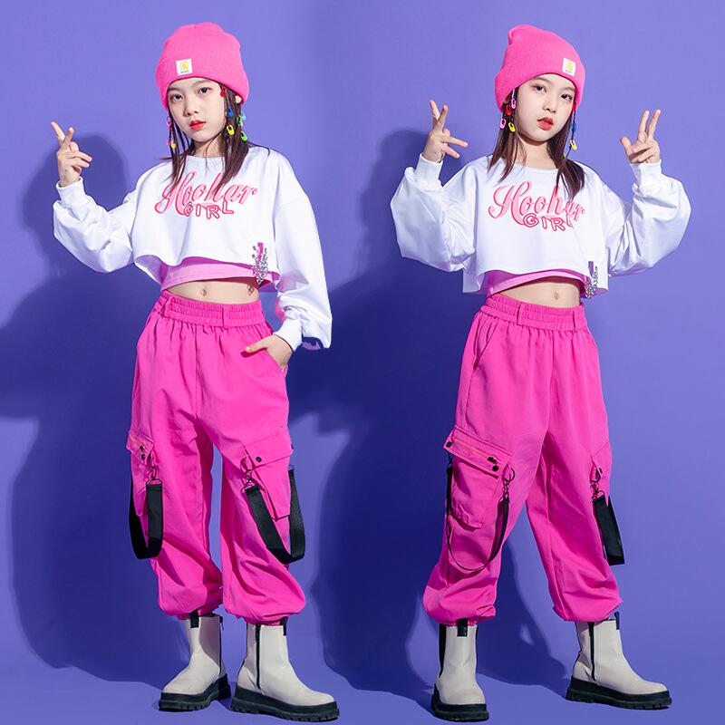 キッズ ダンス衣装 ヒップホップ HIPHP 子供 トップス へそ出し 長袖 白 ロングパンツ セットアップ 女の子 JAZZ DANCE ジャズダンス ステージ衣装 系 おしゃれ チア チアダ