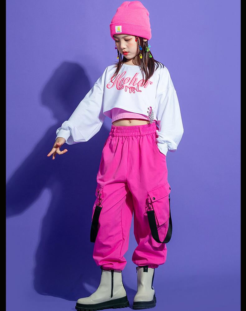 キッズ ダンス衣装 ヒップホップ HIPHP 子供 トップス へそ出し 長袖 白 ロングパンツ セットアップ 女の子 JAZZ DANCE ジャズダンス ステージ衣装 系 おしゃれ チア チアダ