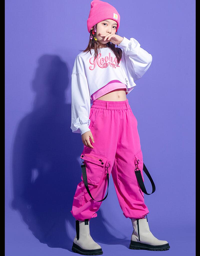 キッズ ダンス衣装 ヒップホップ HIPHP 子供 トップス へそ出し 長袖 白 ロングパンツ セットアップ 女の子 JAZZ DANCE ジャズダンス ステージ衣装 系 おしゃれ チア チアダ