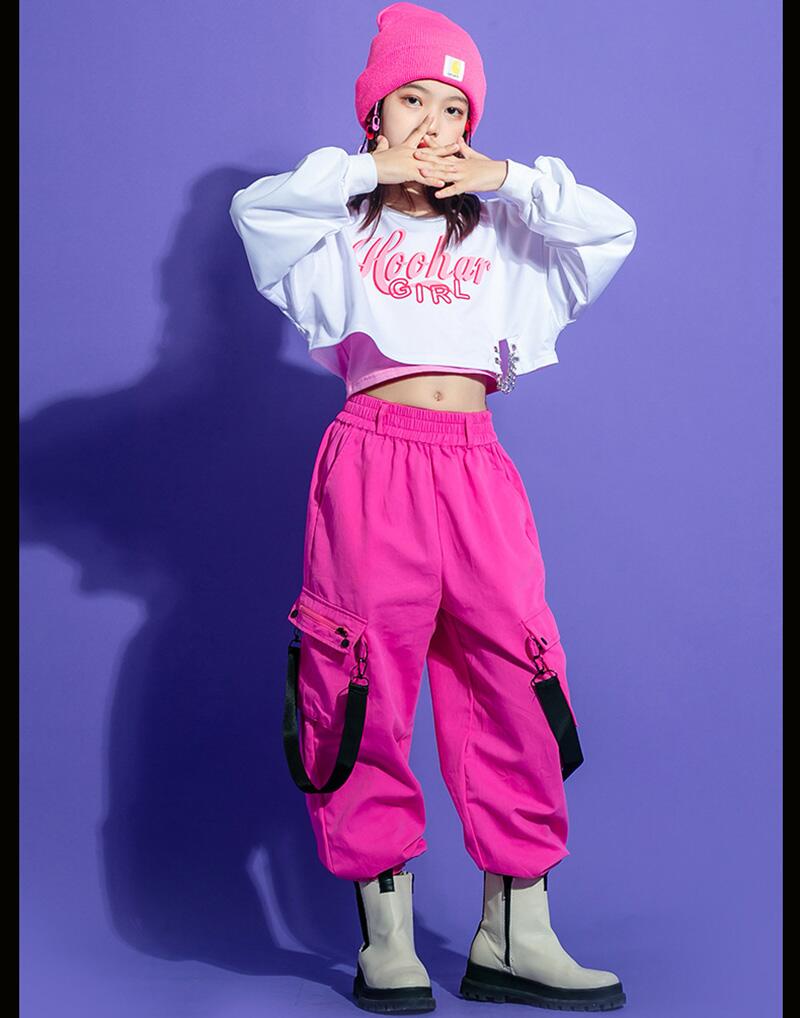 キッズ ダンス衣装 ヒップホップ HIPHP 子供 トップス へそ出し 長袖 白 ロングパンツ セットアップ 女の子 JAZZ DANCE ジャズダンス ステージ衣装 系 おしゃれ チア チアダ