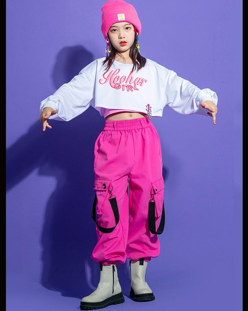 キッズ ダンス衣装 ヒップホップ HIPHP 子供 トップス へそ出し 長袖 白 ロングパンツ セットアップ 女の子 JAZZ DANCE ジャズダンス ステージ衣装 系 おしゃれ チア チアダ