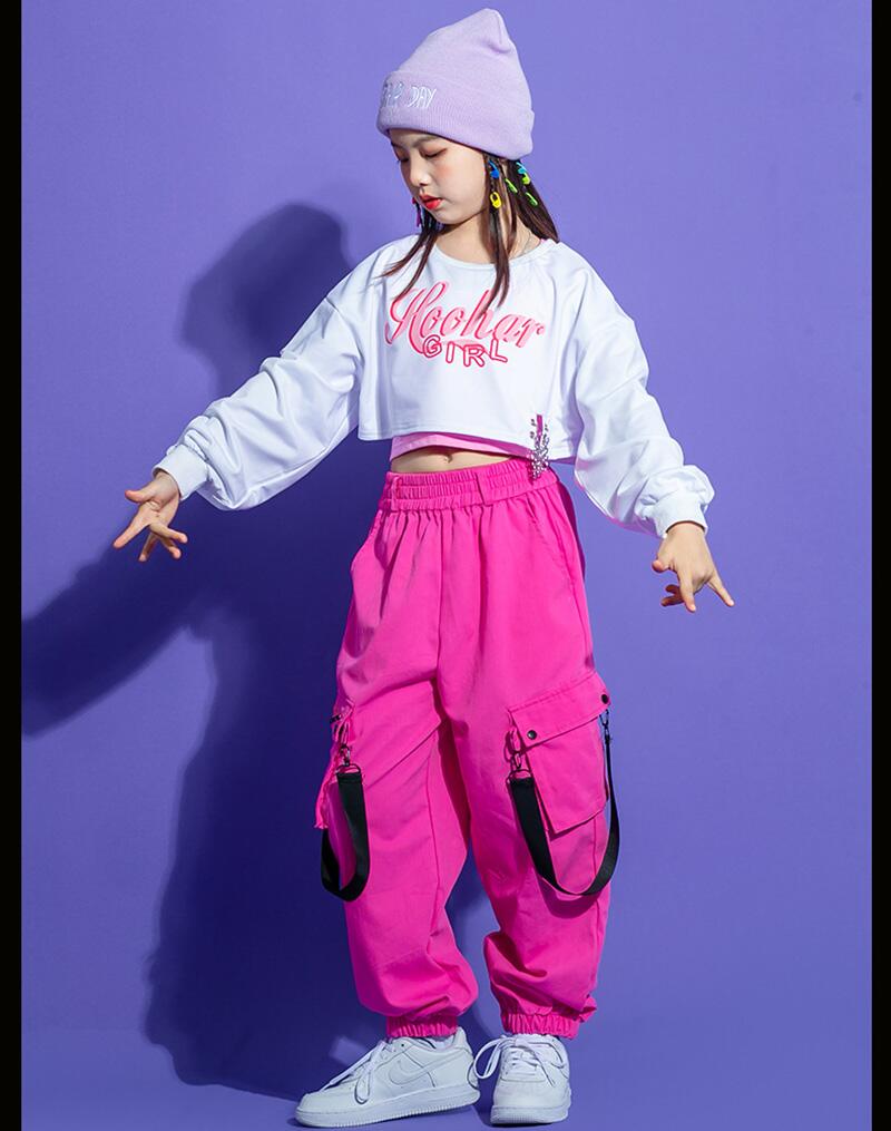 キッズ ダンス衣装 ヒップホップ HIPHP 子供 トップス へそ出し 長袖 白 ロングパンツ セットアップ 女の子 JAZZ DANCE ジャズダンス ステージ衣装 系 おしゃれ チア チアダ