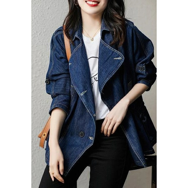 レア商品デニムジャケット　ハーフジャケット　長袖　ハーフコート　ウエストシェイプ　インディゴブルー　通勤通学女子会20代30代40代50代60代jk-2408-2