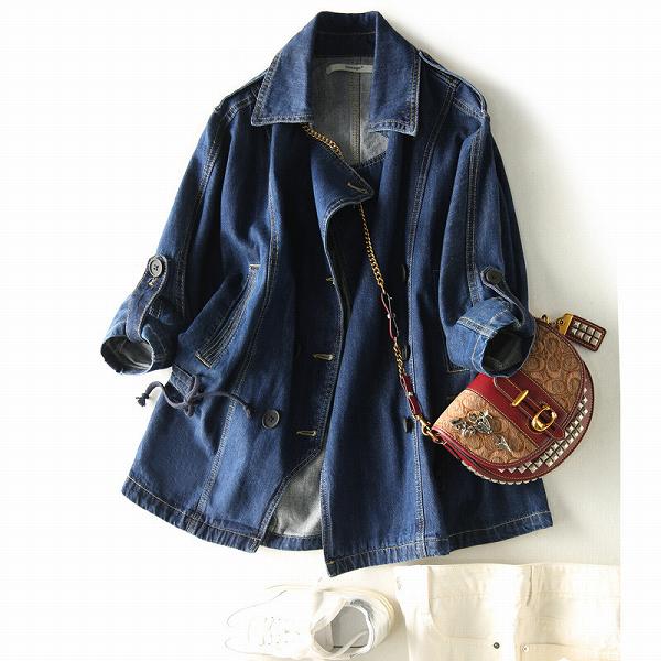 レア商品デニムジャケット　ハーフジャケット　長袖　ハーフコート　ウエストシェイプ　インディゴブルー　通勤通学女子会20代30代40代50代60代jk-2408-2
