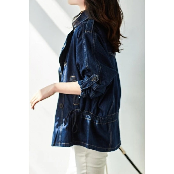 レア商品デニムジャケット　ハーフジャケット　長袖　ハーフコート　ウエストシェイプ　インディゴブルー　通勤通学女子会20代30代40代50代60代jk-2408-2