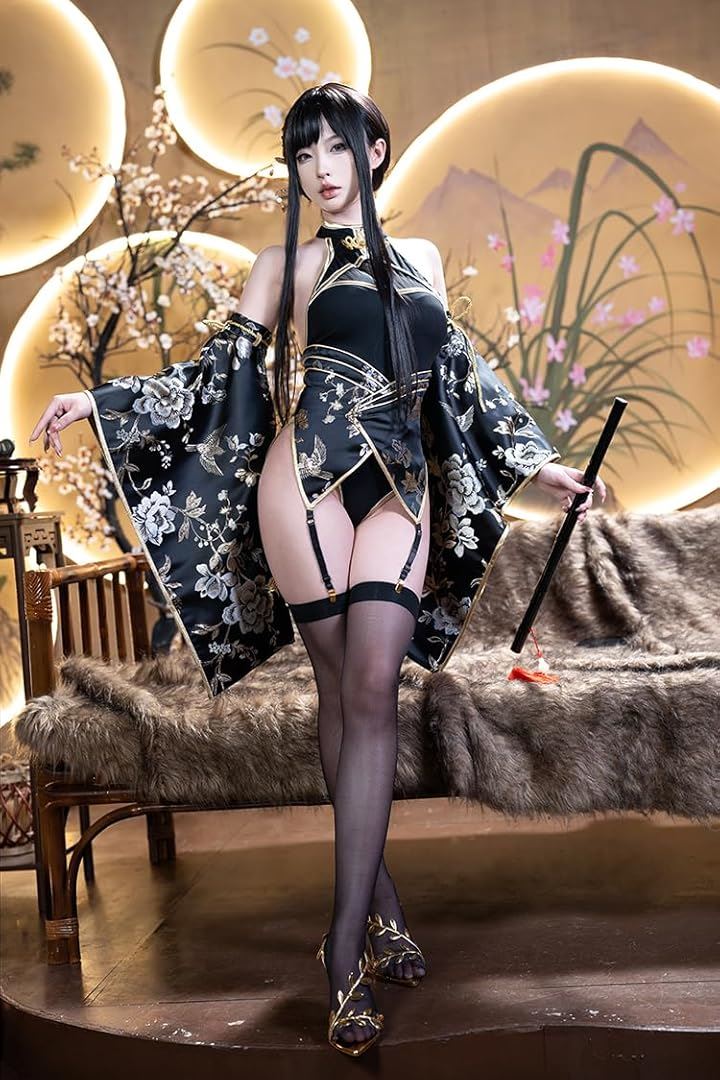 ハイレグロイヤルチャイナ服 セクシー コスプレ(ブラック, M)