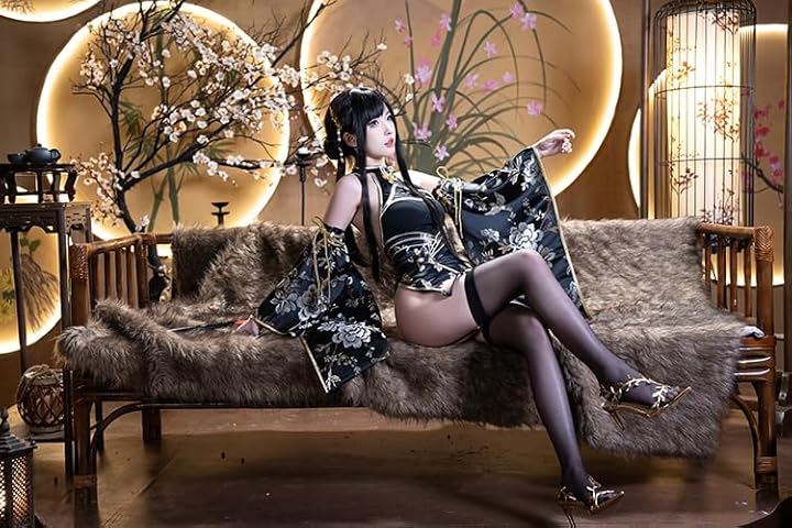 ハイレグロイヤルチャイナ服 セクシー コスプレ(ブラック, M)