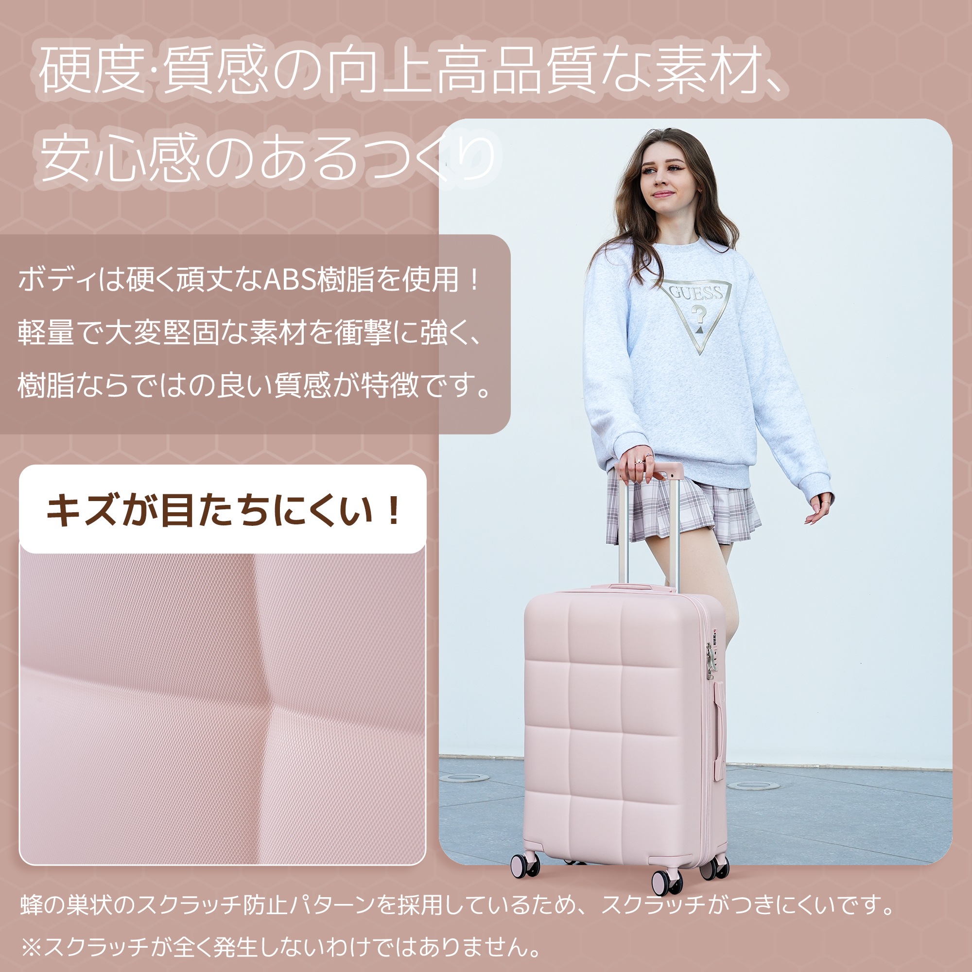 【大好評！最安値挑戦!】スーツケース キャリーバッグ キャリーケース Mサイズ 小型 超軽量 ファスナー式 TSAロック搭載 フック機能付き 360度回転 旅行 おしゃれ 人気色GG8013 Pink