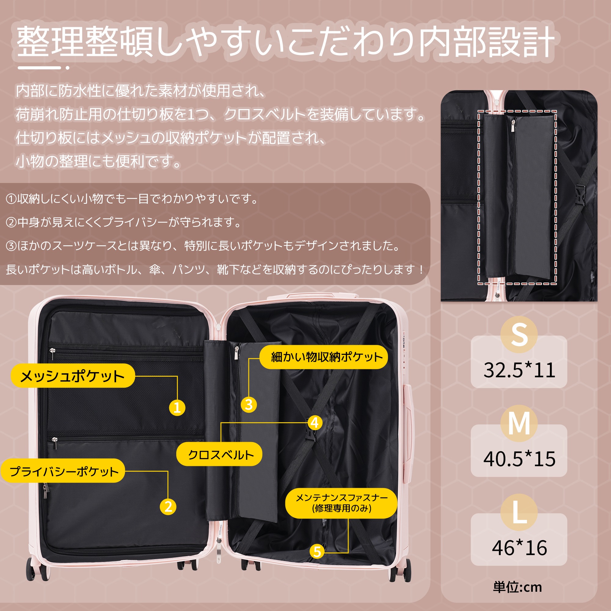 【大好評！最安値挑戦!】スーツケース キャリーバッグ キャリーケース Mサイズ 小型 超軽量 ファスナー式 TSAロック搭載 フック機能付き 360度回転 旅行 おしゃれ 人気色GG8013 Pink