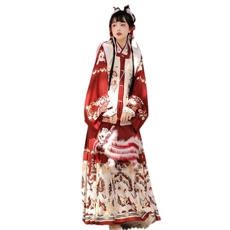 大人の漢服フトゥ九九女性のスクエアネック刺繍ビジア馬の顔スカート大晦日冬ぬいぐるみスーツ