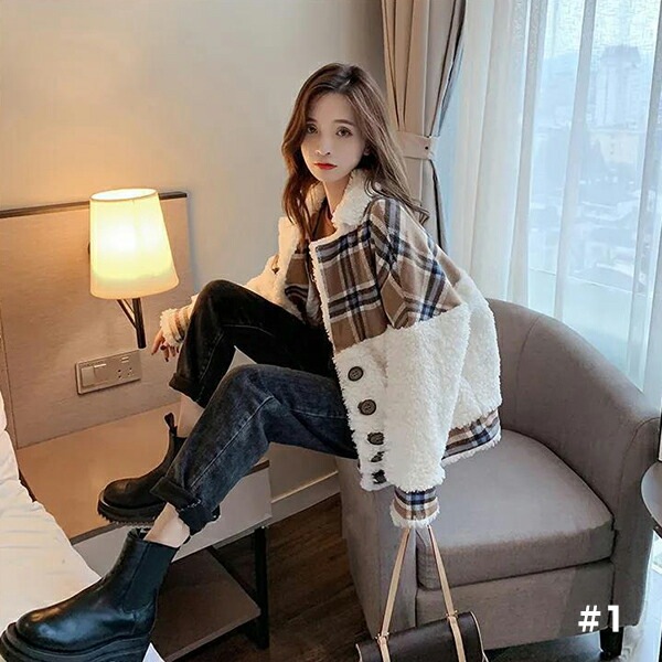 ボアジャケットレディース切り替え異素材Vネックショート丈ボアブルゾン着痩せ前開き千鳥格子柄ボタン付きもこもこふわふわジャケット防寒コート暖かいポケット付き冬ゆったりあったかおしゃれアウター