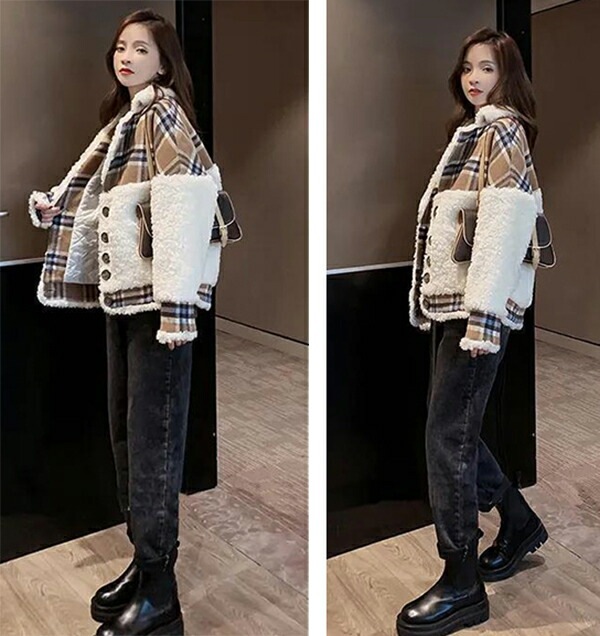 ボアジャケットレディース切り替え異素材Vネックショート丈ボアブルゾン着痩せ前開き千鳥格子柄ボタン付きもこもこふわふわジャケット防寒コート暖かいポケット付き冬ゆったりあったかおしゃれアウター