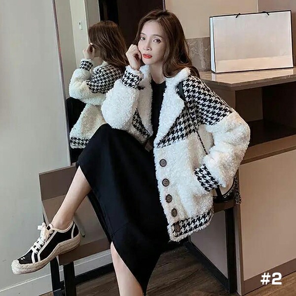 ボアジャケットレディース切り替え異素材Vネックショート丈ボアブルゾン着痩せ前開き千鳥格子柄ボタン付きもこもこふわふわジャケット防寒コート暖かいポケット付き冬ゆったりあったかおしゃれアウター