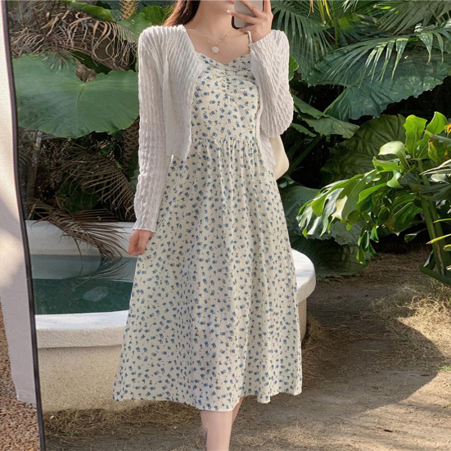 ブラウス フロントギャザー 花柄キャミワンピセット【ゆうパケット可】 ニット ブラウス フロントギャザー 花柄キャミワンピセット【ゆうパケット可】 ニット