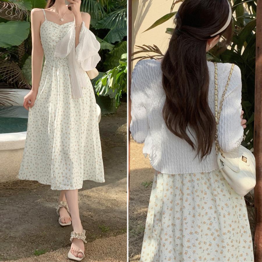 ブラウス フロントギャザー 花柄キャミワンピセット【ゆうパケット可】 ニット ブラウス フロントギャザー 花柄キャミワンピセット【ゆうパケット可】 ニット