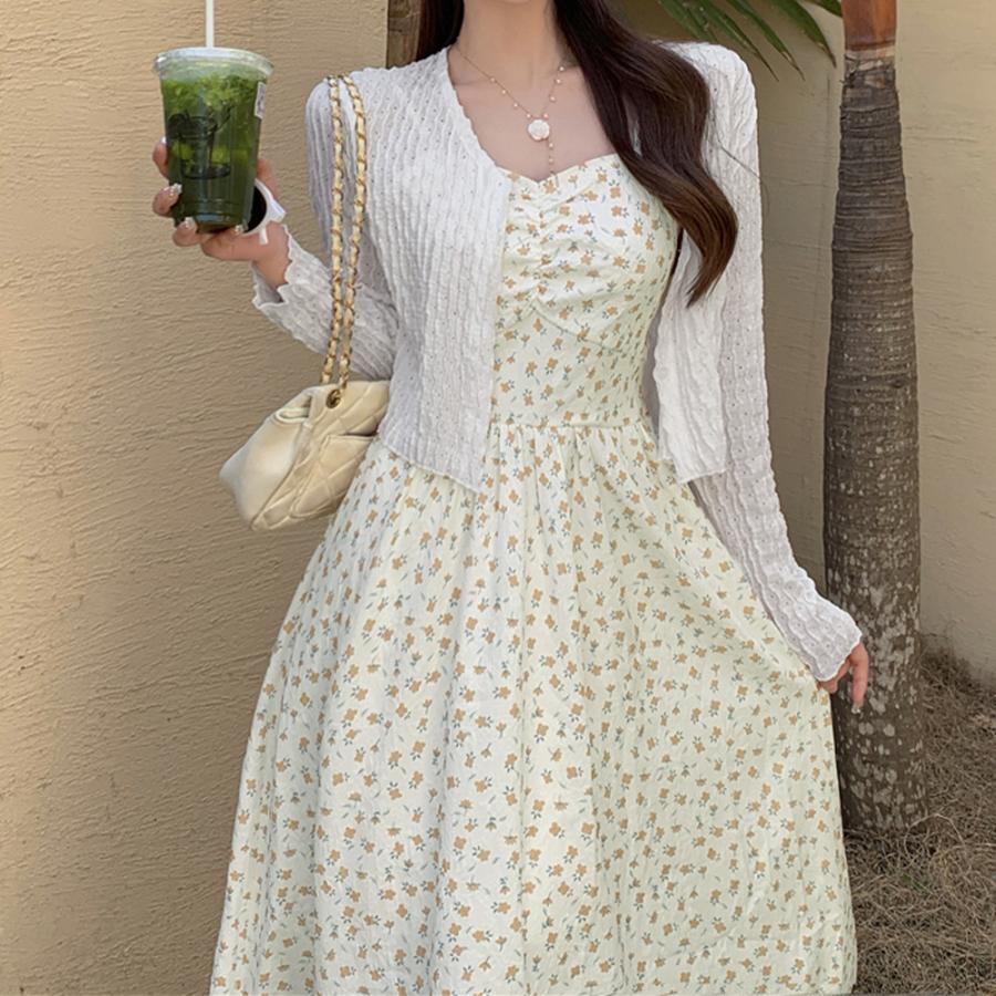 ブラウス フロントギャザー 花柄キャミワンピセット【ゆうパケット可】 ニット ブラウス フロントギャザー 花柄キャミワンピセット【ゆうパケット可】 ニット