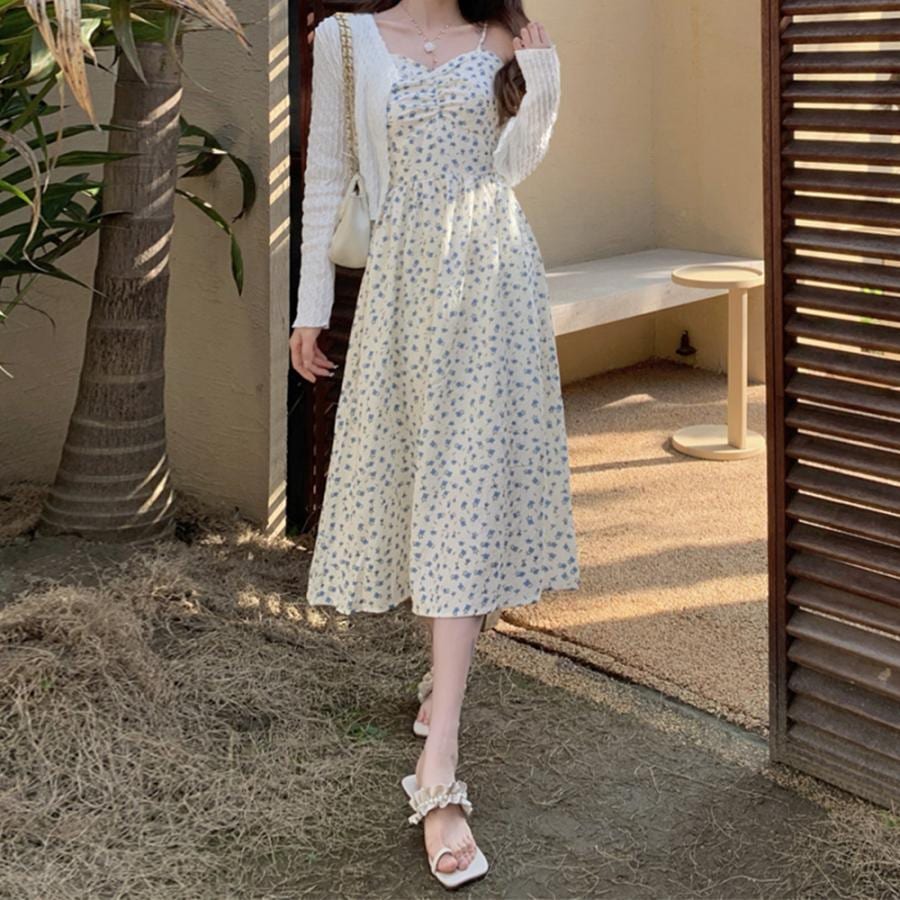 ブラウス フロントギャザー 花柄キャミワンピセット【ゆうパケット可】 ニット ブラウス フロントギャザー 花柄キャミワンピセット【ゆうパケット可】 ニット