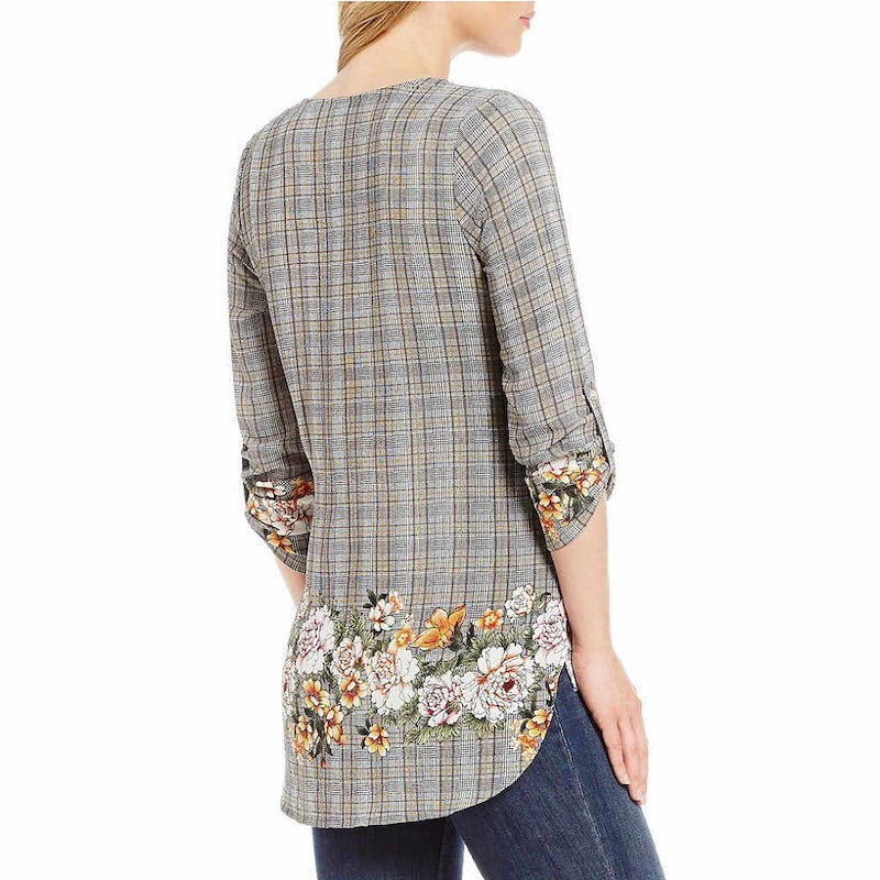 ボボウ レディース トップス ブラウス・シャツ【Bobeau Petites Floral & Plaid Print V-Neck Roll-Tab Sleeve Top】Grey Print ボボウ レディース トップス ブラウス・シャツ【Bobeau Petites Floral & Plaid Print V-Neck Roll-Tab Sleeve Top】Grey Print