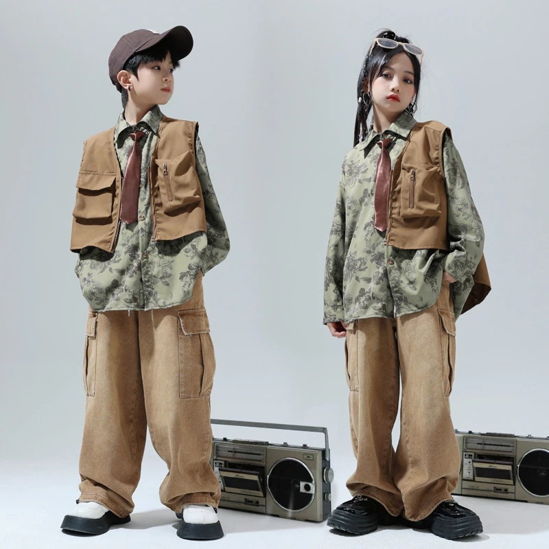 街舞児童潮ヒップホップ演出服カウボーイスーツ男子日系シャツhiphopクールかっこいい演技服女の子