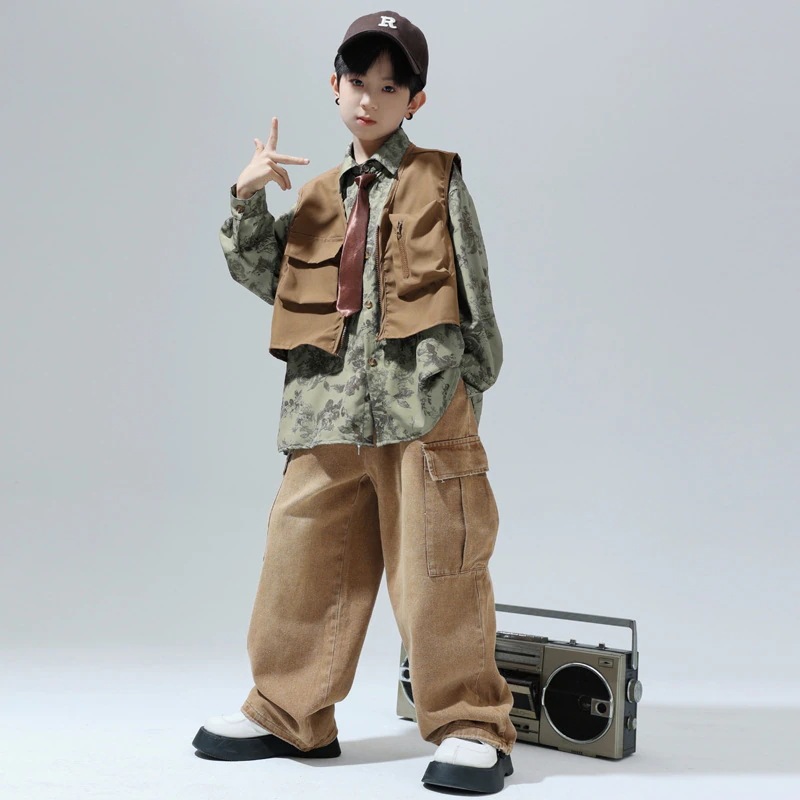 街舞児童潮ヒップホップ演出服カウボーイスーツ男子日系シャツhiphopクールかっこいい演技服女の子