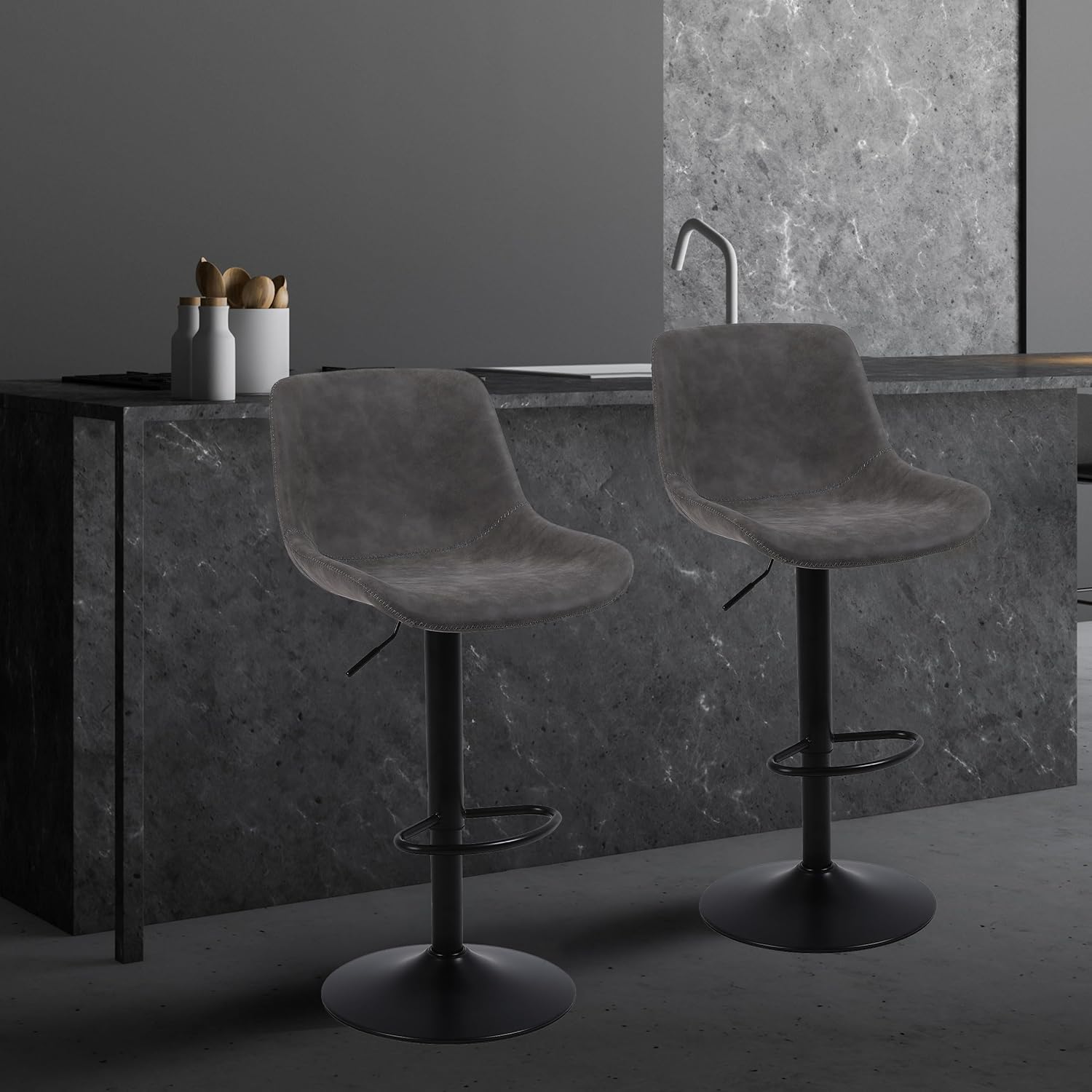 Ermnois カウンターチェア 回転昇降バースツール PUレザー ハイチェア 背もたれバーチェア キッチン 回転椅子 ハイスツール 足置き 高さ調節可能 キッチンカウンターチェア 2脚セット-グレー