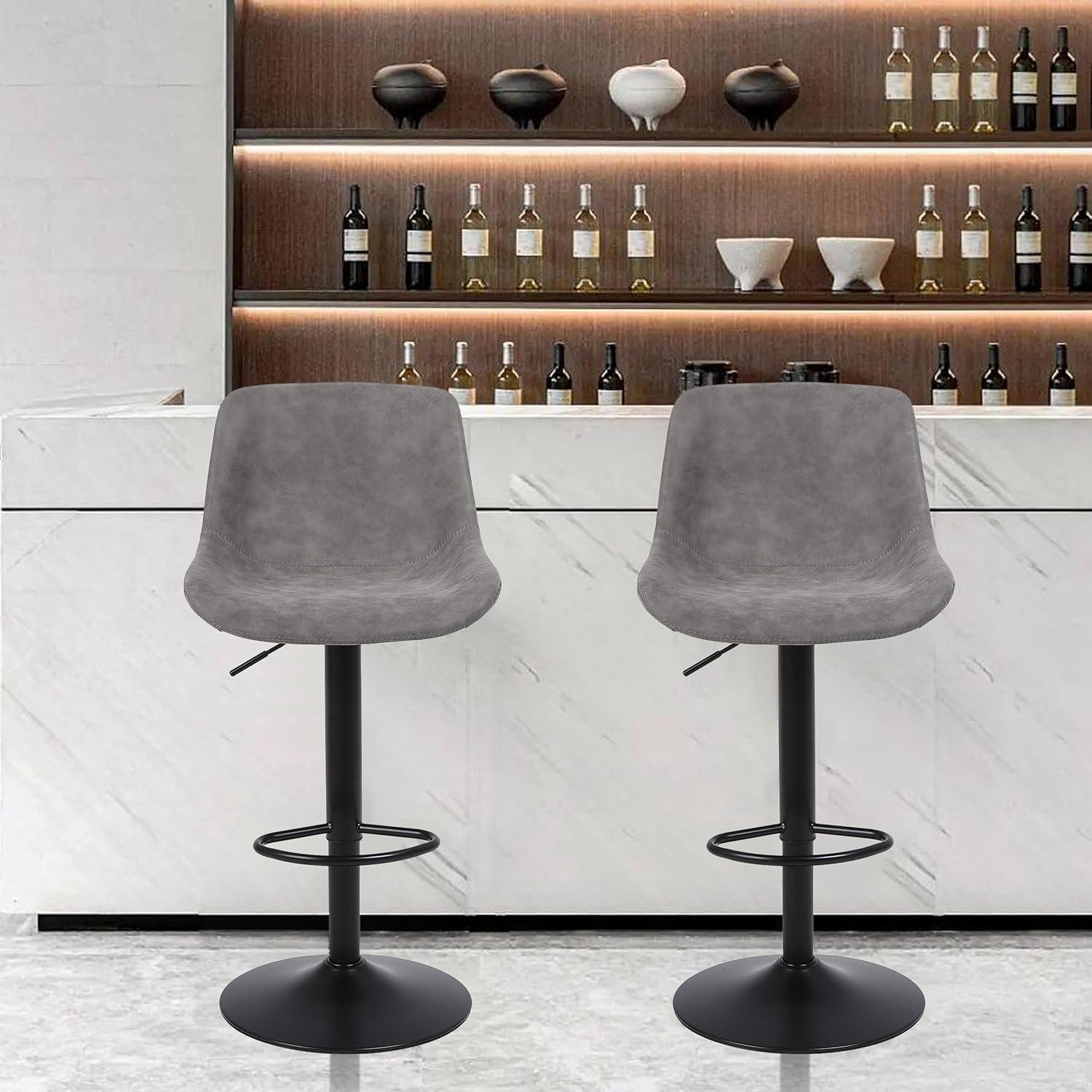 Ermnois カウンターチェア 回転昇降バースツール PUレザー ハイチェア 背もたれバーチェア キッチン 回転椅子 ハイスツール 足置き 高さ調節可能 キッチンカウンターチェア 2脚セット-グレー