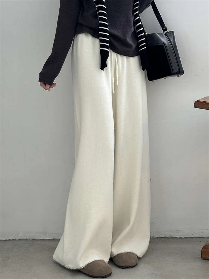 ワイドパンツ レディース ウール混 ニット ボトムス 春 秋冬 上品 ロングパンツ ニットパンツ ウエストゴム ロング丈 ニット ゆったり ストレートパンツ 体型カバー リラックス 抜け感 カジュアル