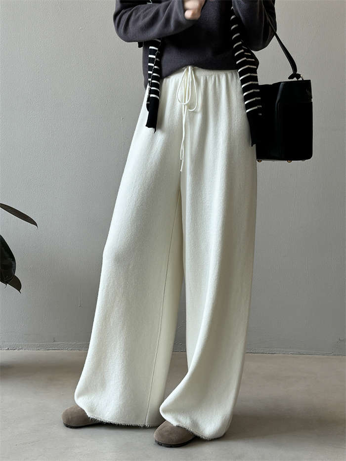 ワイドパンツ レディース ウール混 ニット ボトムス 春 秋冬 上品 ロングパンツ ニットパンツ ウエストゴム ロング丈 ニット ゆったり ストレートパンツ 体型カバー リラックス 抜け感 カジュアル