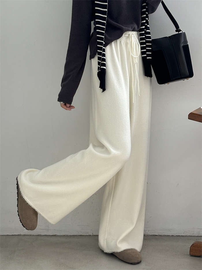 ワイドパンツ レディース ウール混 ニット ボトムス 春 秋冬 上品 ロングパンツ ニットパンツ ウエストゴム ロング丈 ニット ゆったり ストレートパンツ 体型カバー リラックス 抜け感 カジュアル