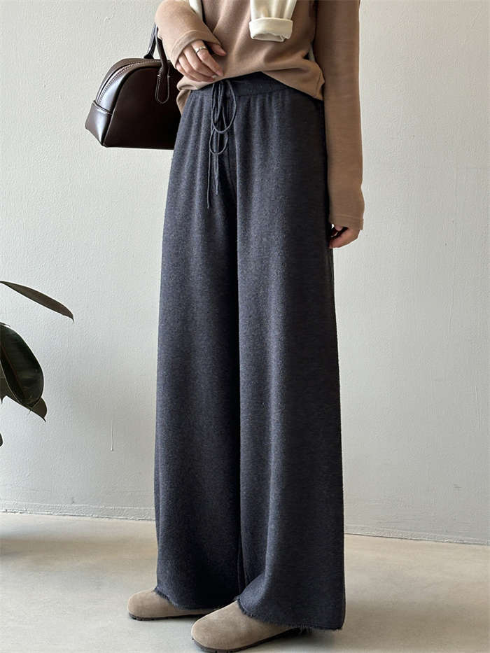 ワイドパンツ レディース ウール混 ニット ボトムス 春 秋冬 上品 ロングパンツ ニットパンツ ウエストゴム ロング丈 ニット ゆったり ストレートパンツ 体型カバー リラックス 抜け感 カジュアル