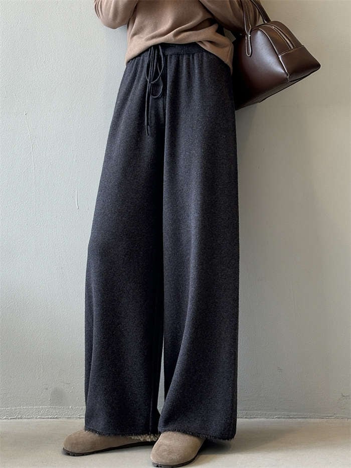 ワイドパンツ レディース ウール混 ニット ボトムス 春 秋冬 上品 ロングパンツ ニットパンツ ウエストゴム ロング丈 ニット ゆったり ストレートパンツ 体型カバー リラックス 抜け感 カジュアル