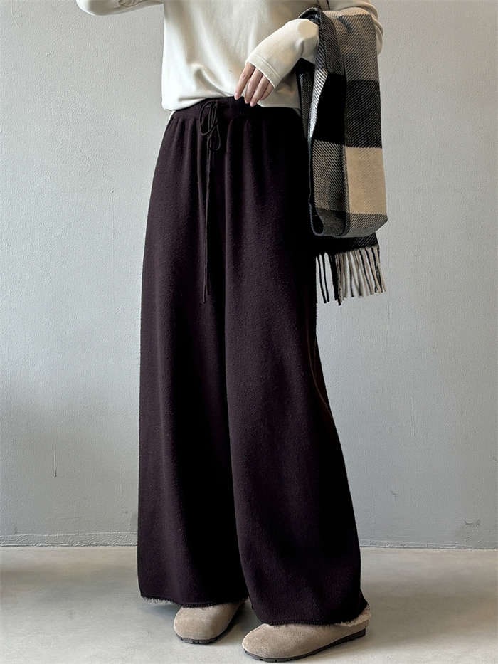 ワイドパンツ レディース ウール混 ニット ボトムス 春 秋冬 上品 ロングパンツ ニットパンツ ウエストゴム ロング丈 ニット ゆったり ストレートパンツ 体型カバー リラックス 抜け感 カジュアル