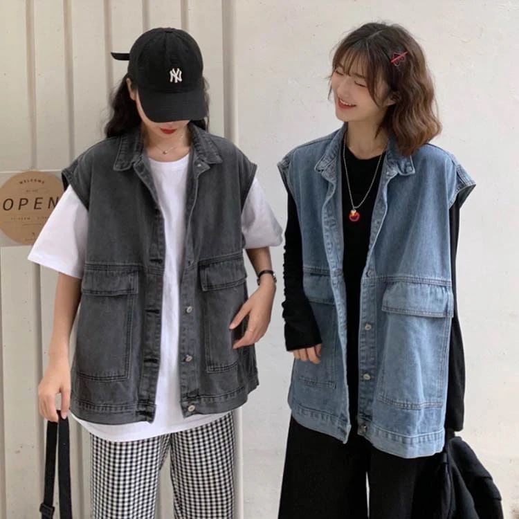 オーバーサイズ デニムベスト ベスト カジュアルジャケット デニムジャケット Gジャン アメカジ ノースリーブ トップス 前開き ロング丈 レディース ブルー ブラック 体型カ