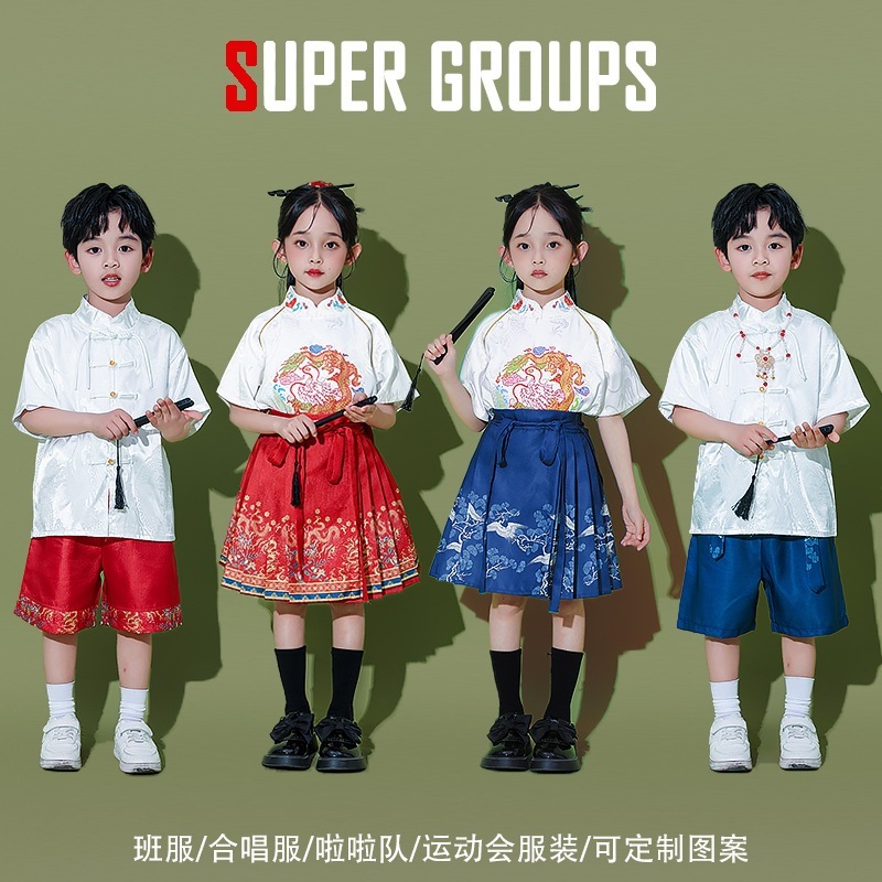 子供合唱団パフォーマンス衣装漢服少年少女ステージパフォーマンス衣装赤辰年馬面スカート親子スーツ
