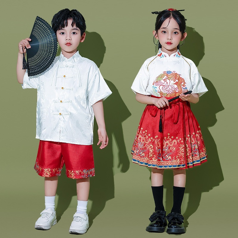 子供合唱団パフォーマンス衣装漢服少年少女ステージパフォーマンス衣装赤辰年馬面スカート親子スーツ