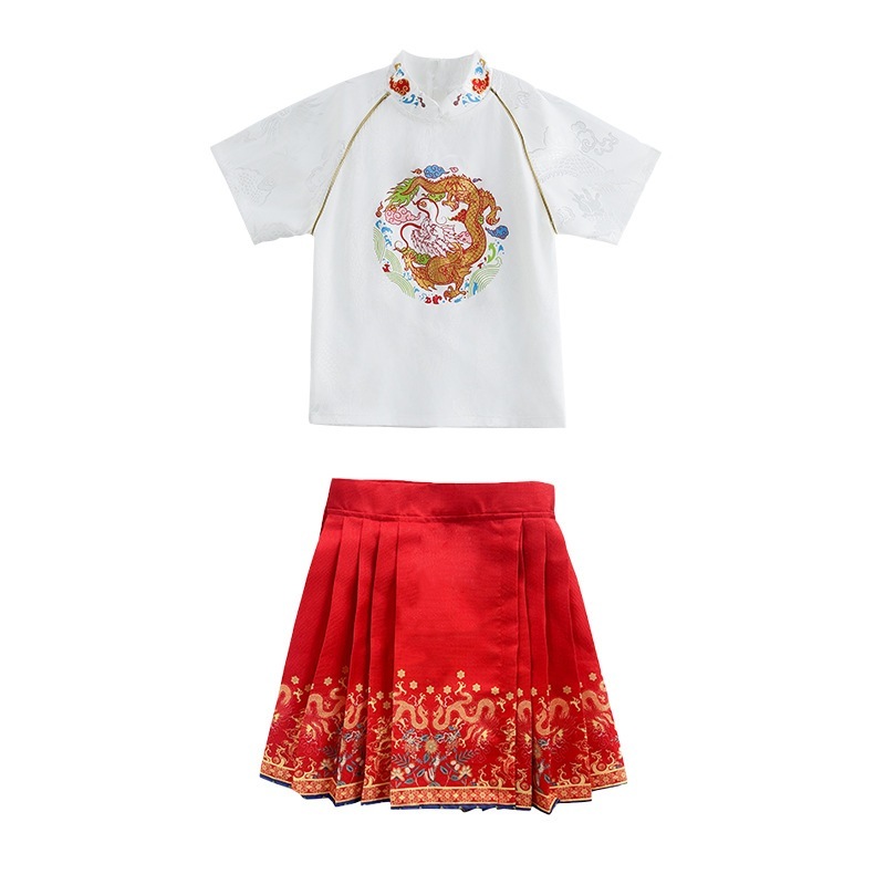 子供合唱団パフォーマンス衣装漢服少年少女ステージパフォーマンス衣装赤辰年馬面スカート親子スーツ